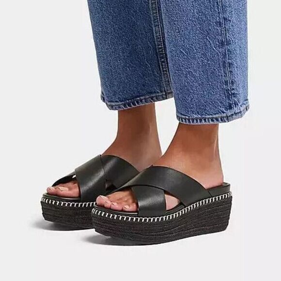 FitFlop Women's Sz 9 Black Eloise Espadrille Leather Wedge Cross Slides - Picture 15 of 15